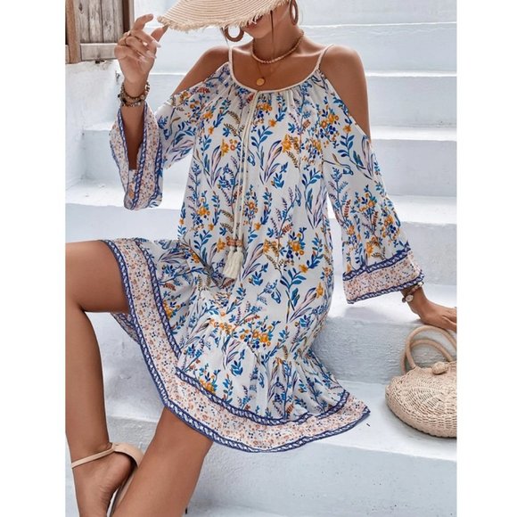 Floral Print Cold Shoulder Tassel Trim Ruffle Hem Dress - Picture 5 of 6